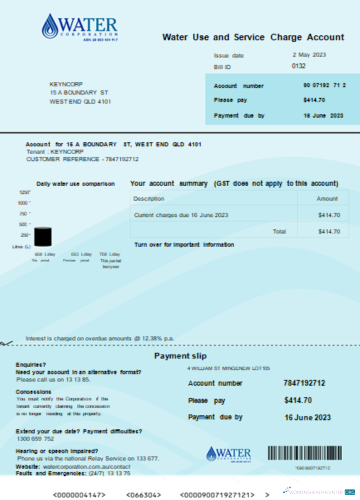 Download Water Corporation WA utility business bill, SCR Photoshop template